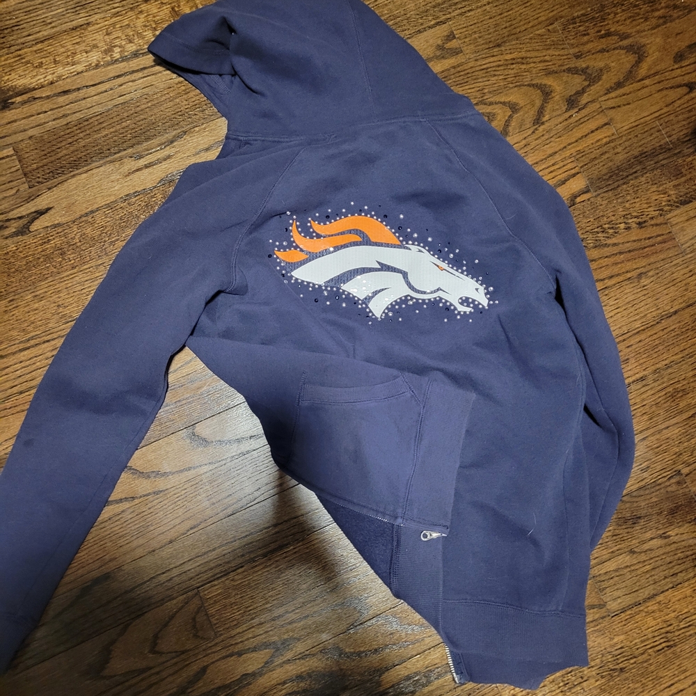 PINK Victoria's Secret Navy Hoodie with Orange and White Denver Broncos Logo